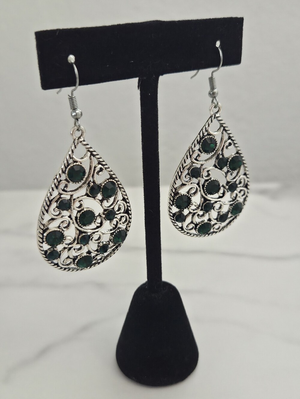 Paparazzi Silver Filigree Teardrop Earrings with Emerald Rhinestones - Picture 9 of 12